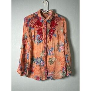 Magazine Floral Embroidered Western Blouse Button Shirt Roll Tab Womens M
